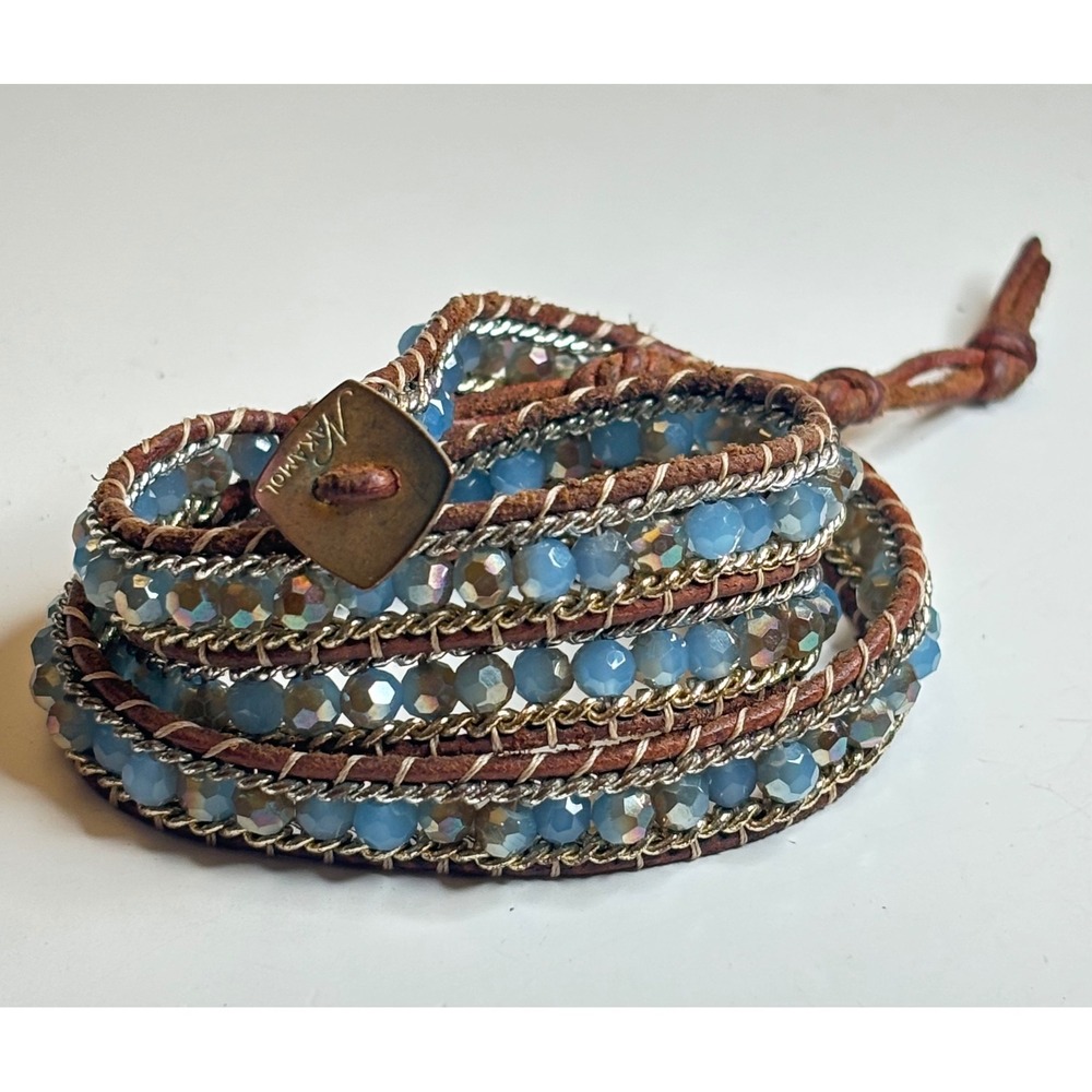 Nakamol Blue Crystal Beaded Leather Wrap Bracelet Necklace 20" Boho